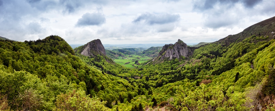 Panoramic view of volcanic landscape at the Auvergne region, France