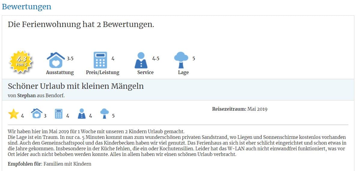 Gute Bewertungen verbessern die Auffindbarkeit bei Suchmaschinen, die Anzahl der Buchungsanfragen und das Ranking auf Ferienhausmiete.de.