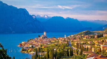 Town of Malcesine on Lago di Garda skyline view, Veneto region of Italy