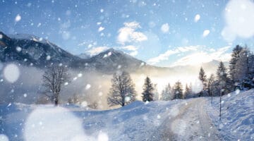 Snowy winter landscape in the Tyrolean Alps with icy road during snowfall, Austria Europe