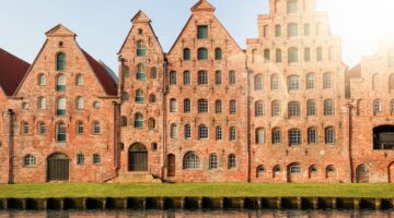 historic Salzspeicher warehouses in Lubeck, Germany against clear sky
