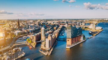 Aerial view of Hamburg Hafen City over blue harbour