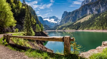 Sunny sunrise at Gosausee lake in Gosau, Alps, Austria