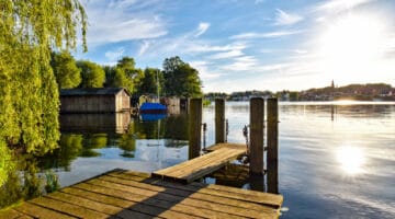 Sunset on the lake with jetty in Malchow (Mecklenburg-Vorpommern / Germany)