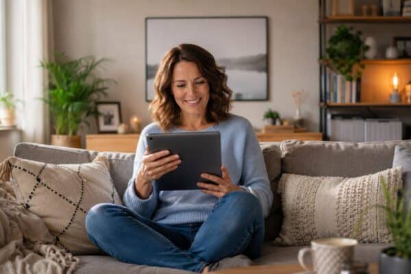Frau mit Tablet auf dem Sofa schaut sich an: So funktioniert Ferienhausmiete.de
