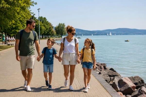 Eine Familie spaziert am Ufer des Balatons