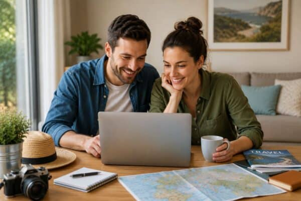 Paar am Laptop um Ferienhaus sicher buchen zu können
