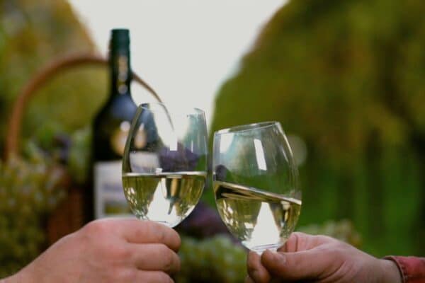 Paar stößt mit Weißwein in einer Weinregion Deutschland an