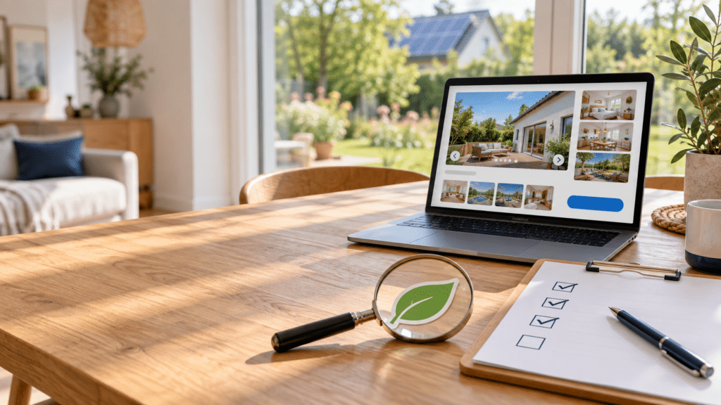 Laptop mit Ferienwohnungs-Inserat auf einem Holztisch, daneben eine Lupe über einem grünen Blatt-Aufkleber und eine Checkliste – Symbol für die Prüfung von Umweltaussagen nach dem Greenwashing-Verbot